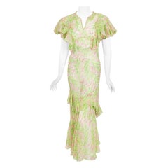 Vintage 1930's Grün Rosa Abstrakt Aquarell Sheer Organdy Ruffle Bias-Cut Kleid