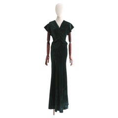 Vintage 1930's Green Velvet Evening Gown UK 14-16 US 10-12