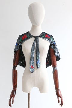 Vintage 1930's grey floral sequin cape Art deco sequin capelet shoulder cape