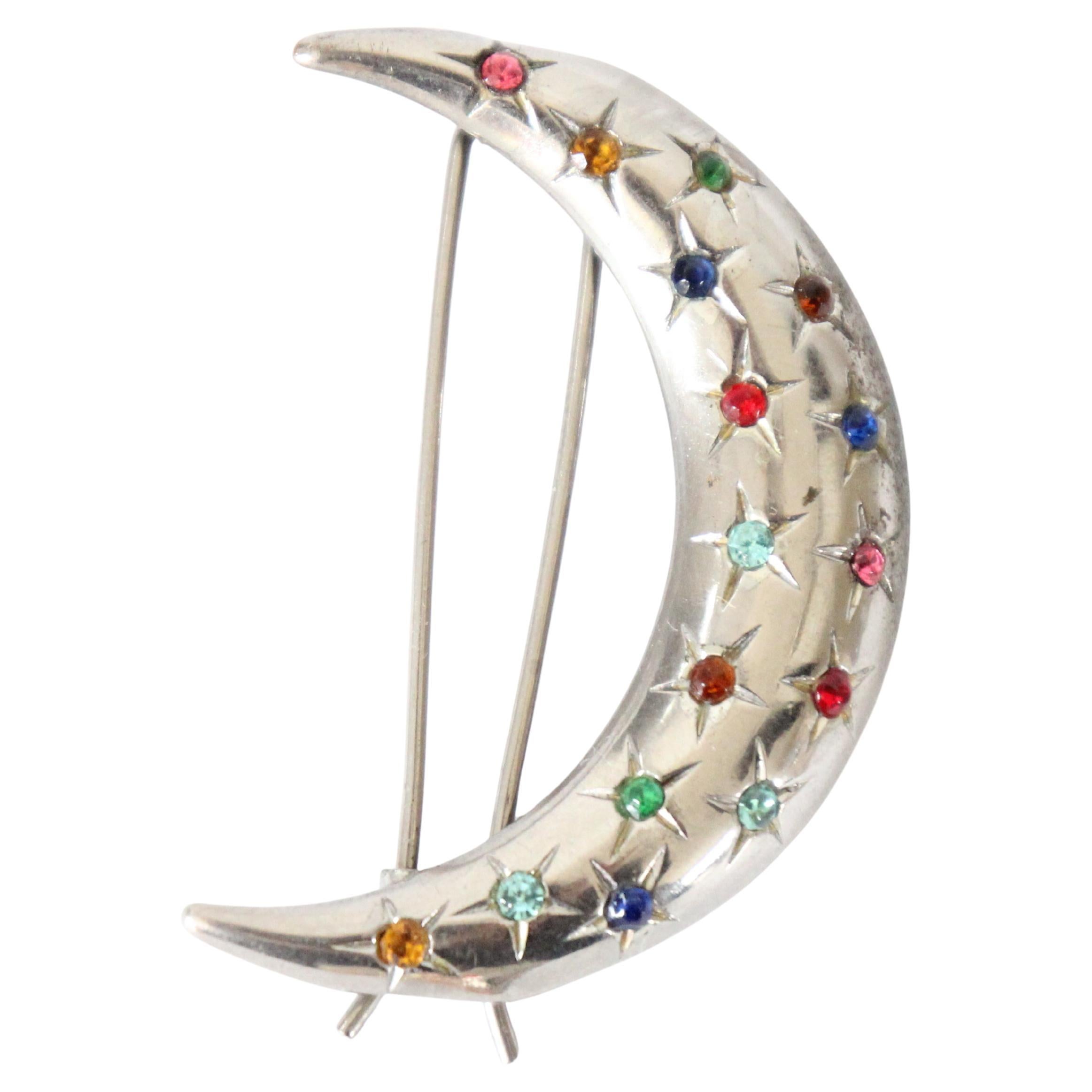 Vintage 1930s Hair Slide Crescent Moon Rhinestone Hair Clip Barrette Art Deco For Sale