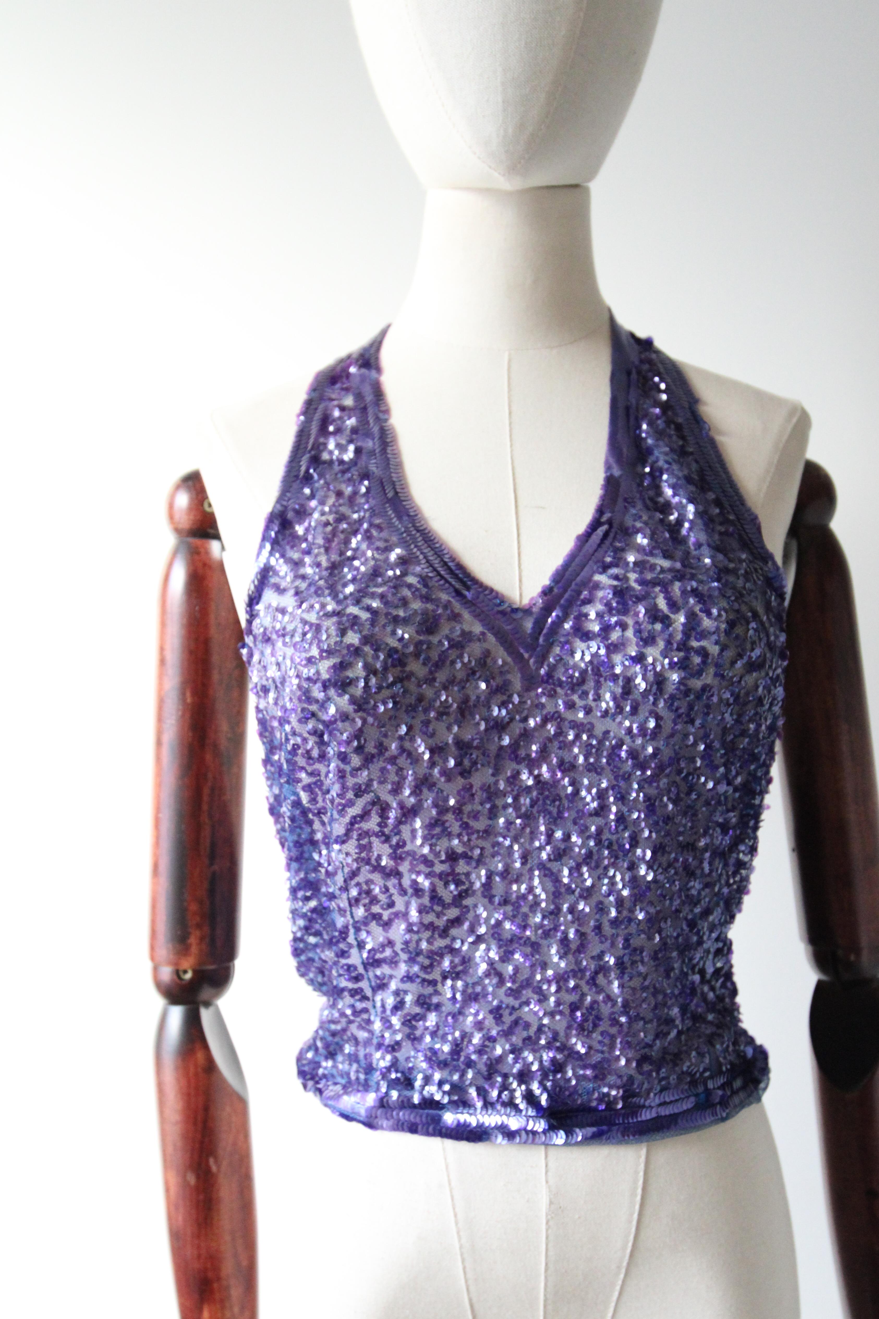 Vintage 1930er Jahre Halter Neck Bluse Lila Pailletten Art Deco Halter Neck UK 10-12 (Grau) im Angebot