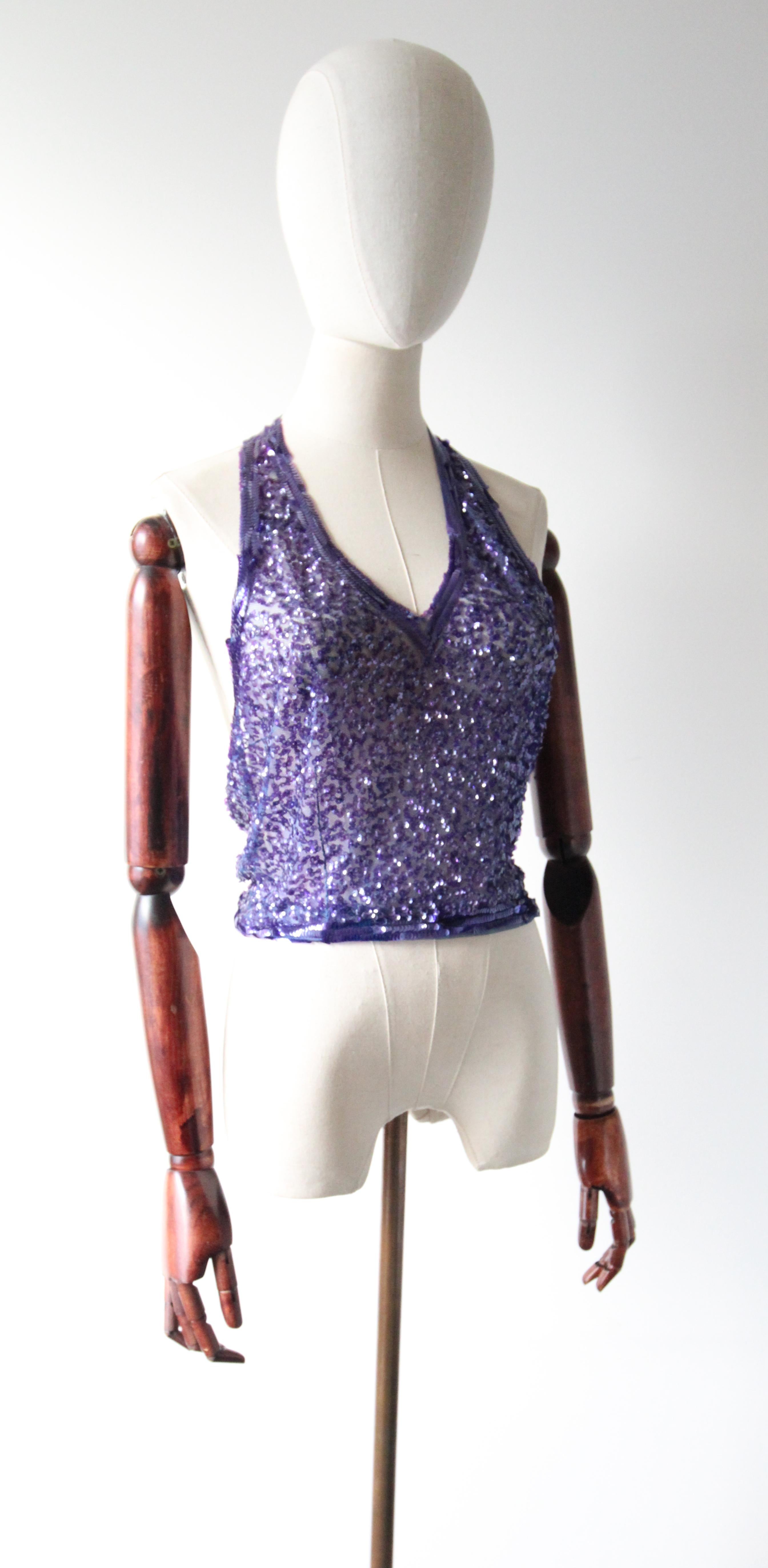 Vintage 1930er Jahre Halter Neck Bluse Lila Pailletten Art Deco Halter Neck UK 10-12 im Zustand „Gut“ im Angebot in Cheltenham, GB