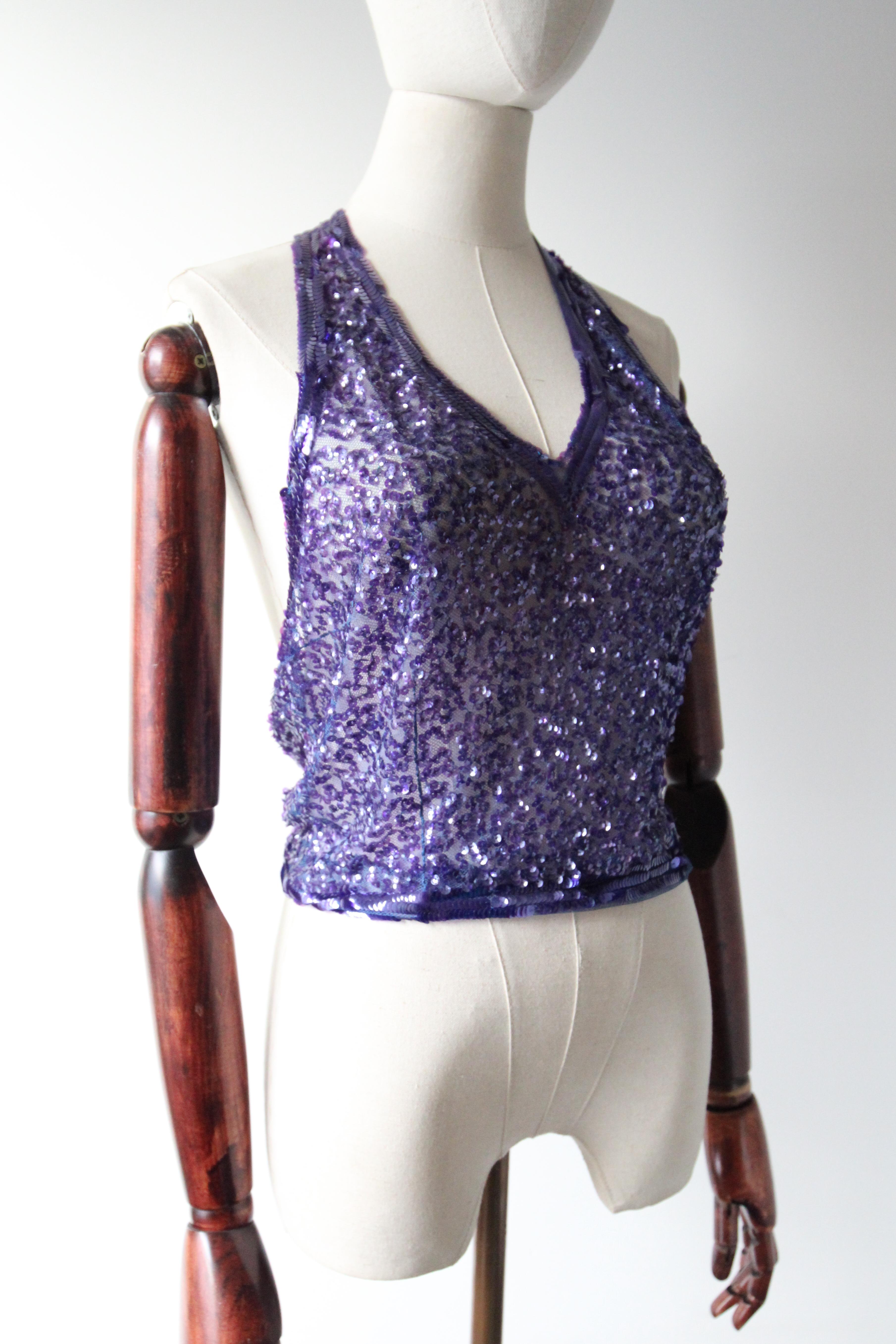Vintage 1930er Jahre Halter Neck Bluse Lila Pailletten Art Deco Halter Neck UK 10-12 für Damen oder Herren im Angebot