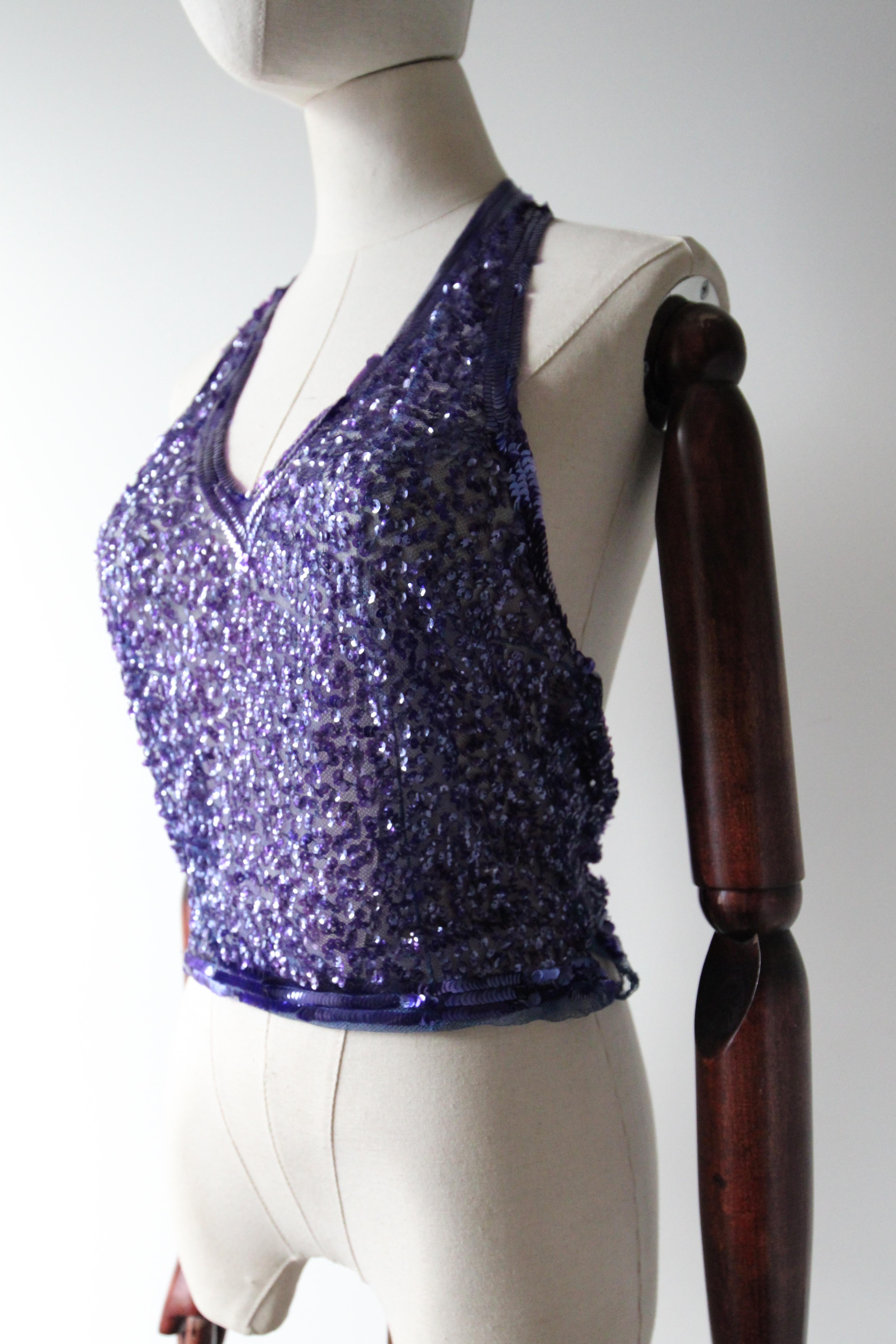 Vintage 1930er Jahre Halter Neck Bluse Lila Pailletten Art Deco Halter Neck UK 10-12 im Angebot 3