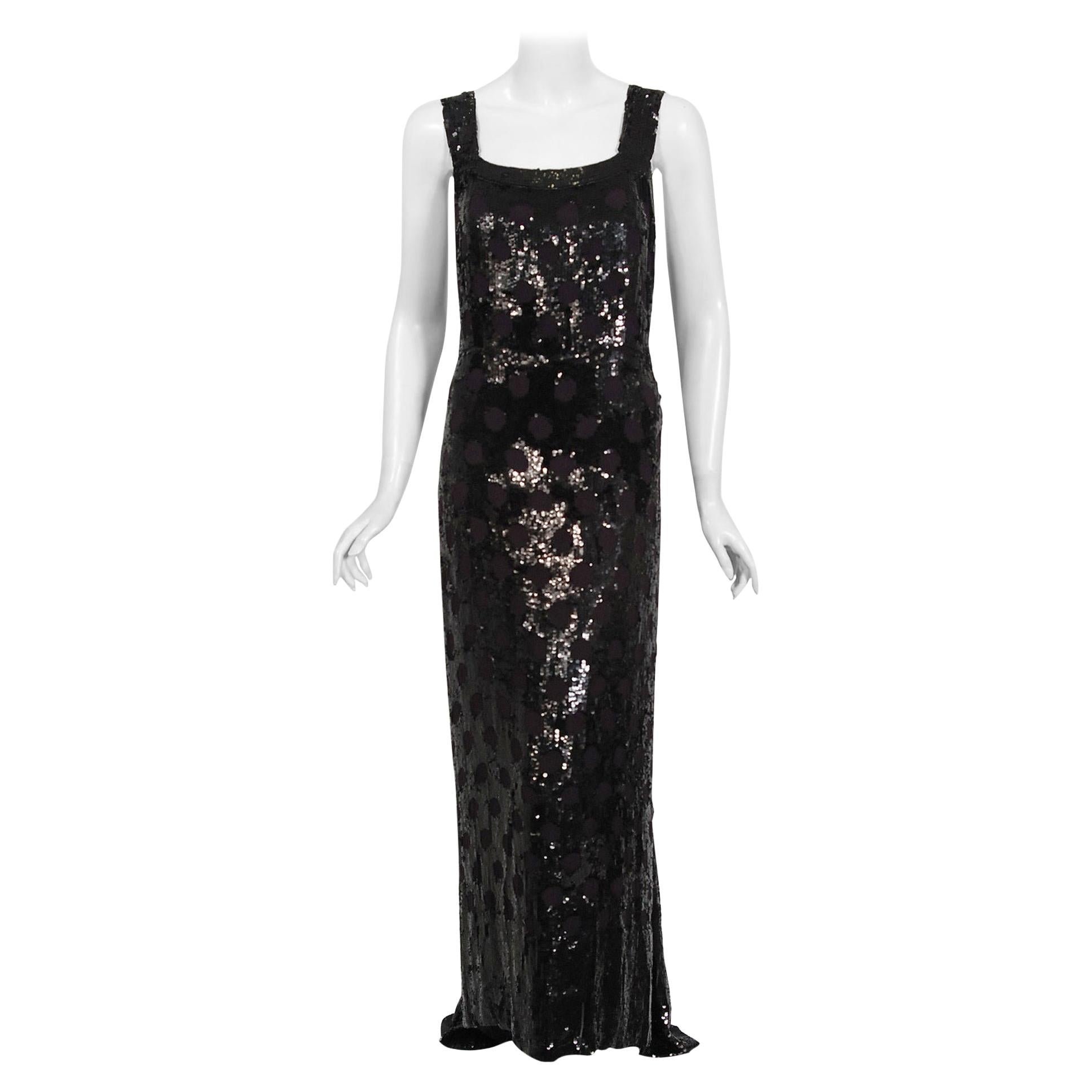 Vintage 1930's Henri Bendel Couture Purple Silk & Black Sequin Deco-Dots Gown
