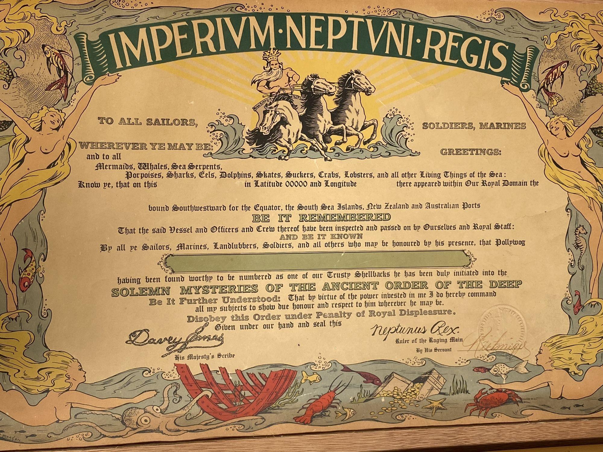 This is a blank Imperium Neptuni Regis certificate. It was given by various navies to its sailors when they crossed the equator for the first time. It measures 20
