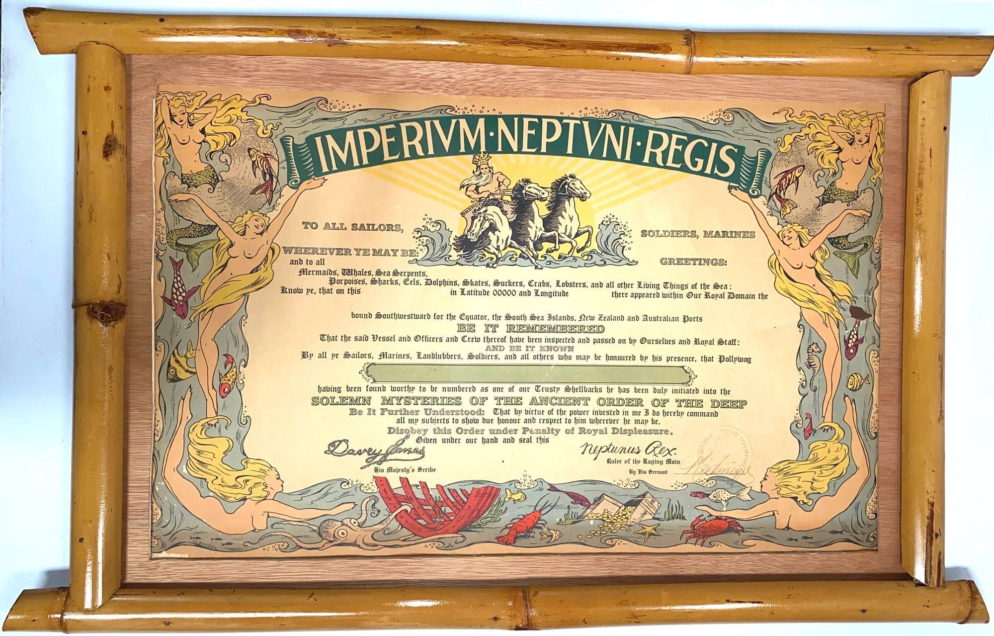 Paper Vintage 1930's Imperivm Neptvni Regis with Mid Centruy Rattan Frame