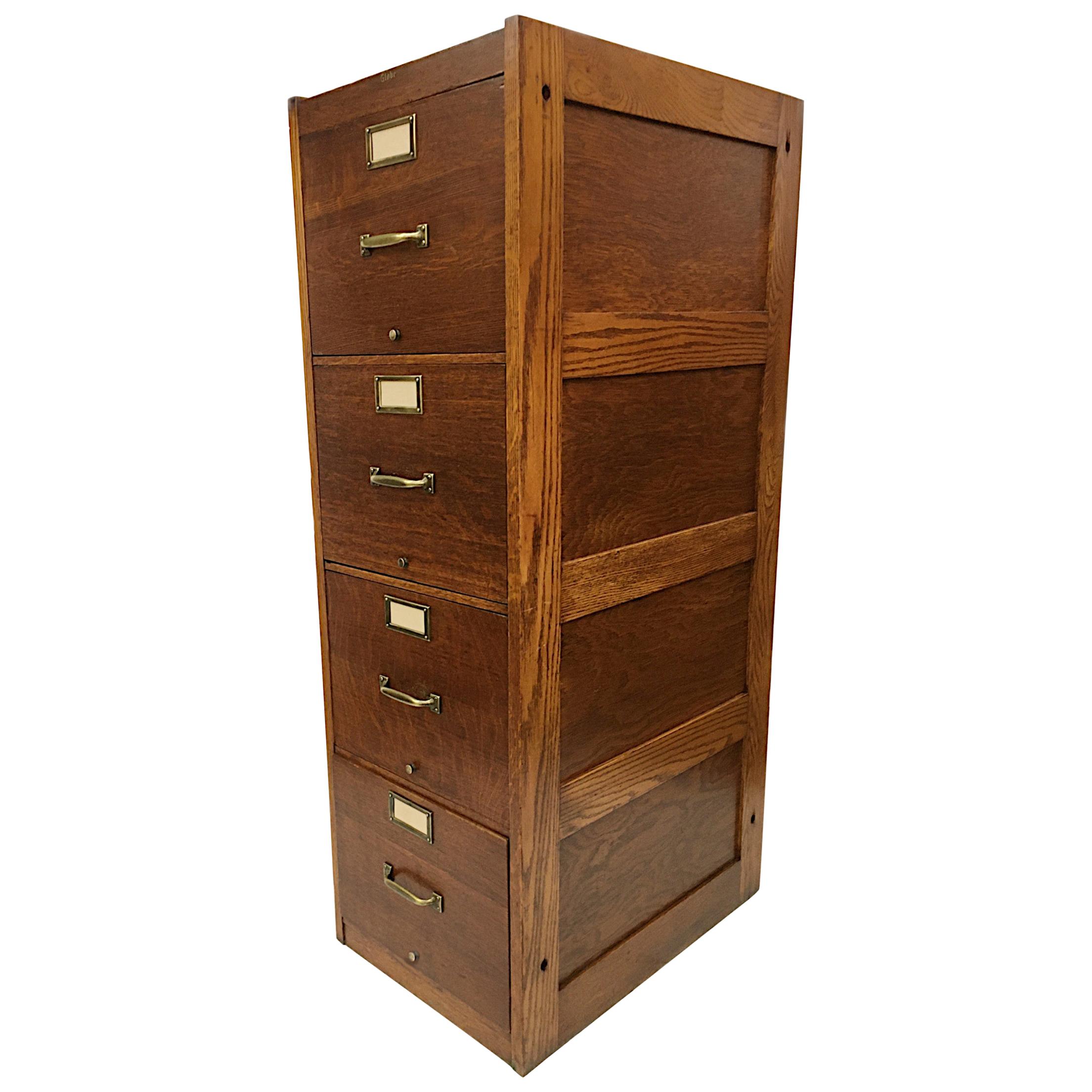 Vintage 1930s Industrial Oak 4-Drawer File Cabinet by Globe Wernicke