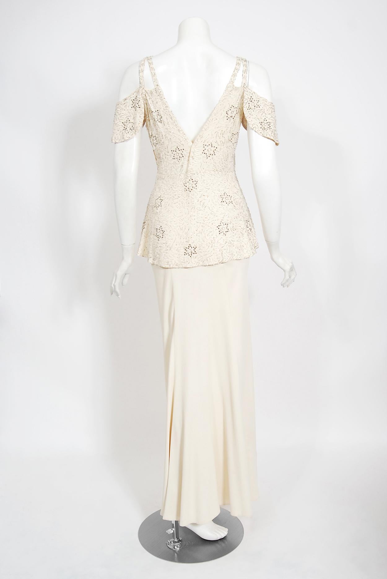 Vintage 1930's Ivory Beaded Rhinestone Star Studded Silk Cut-Out Shoulder Gown  5
