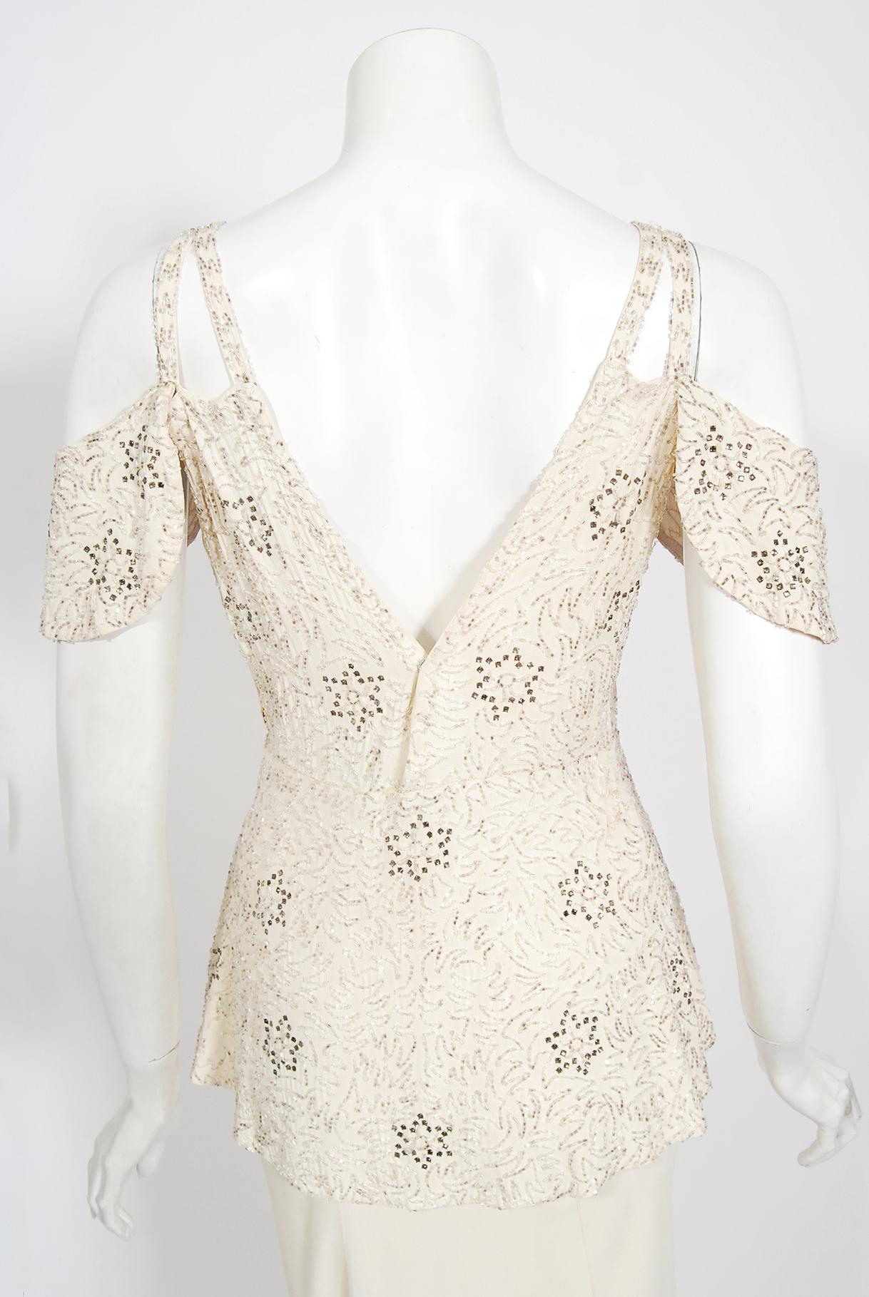 Vintage 1930's Ivory Beaded Rhinestone Star Studded Silk Cut-Out Shoulder Gown  6