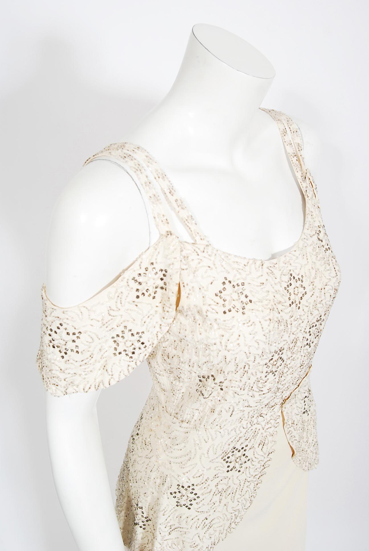 Vintage 1930's Ivory Beaded Rhinestone Star Studded Silk Cut-Out Shoulder Gown  In Good Condition In Beverly Hills, CA