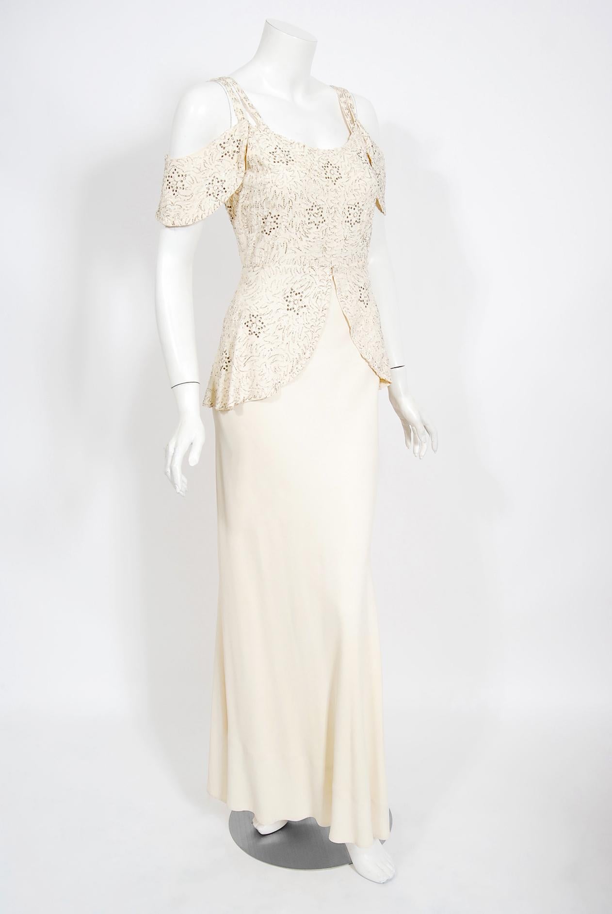 Women's Vintage 1930's Ivory Beaded Rhinestone Star Studded Silk Cut-Out Shoulder Gown 