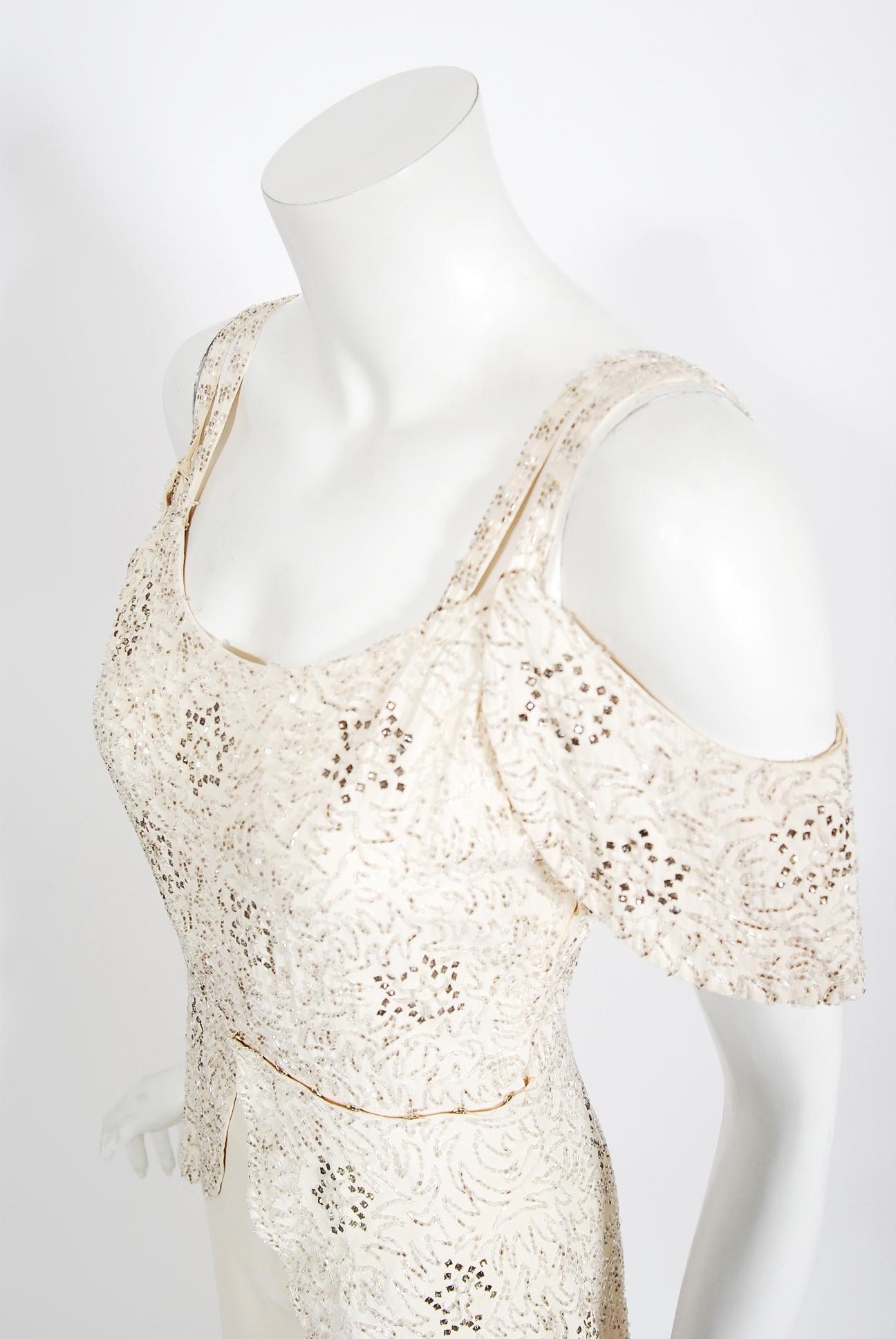 Vintage 1930's Ivory Beaded Rhinestone Star Studded Silk Cut-Out Shoulder Gown  1