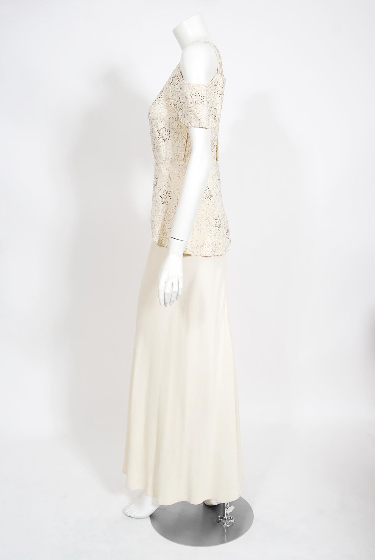 Vintage 1930's Ivory Beaded Rhinestone Star Studded Silk Cut-Out Shoulder Gown  2