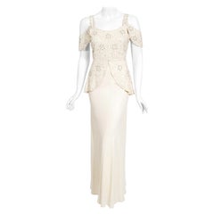 Vintage 1930's Ivory Beaded Rhinestone Star Studded Silk Cut-Out Shoulder Gown 