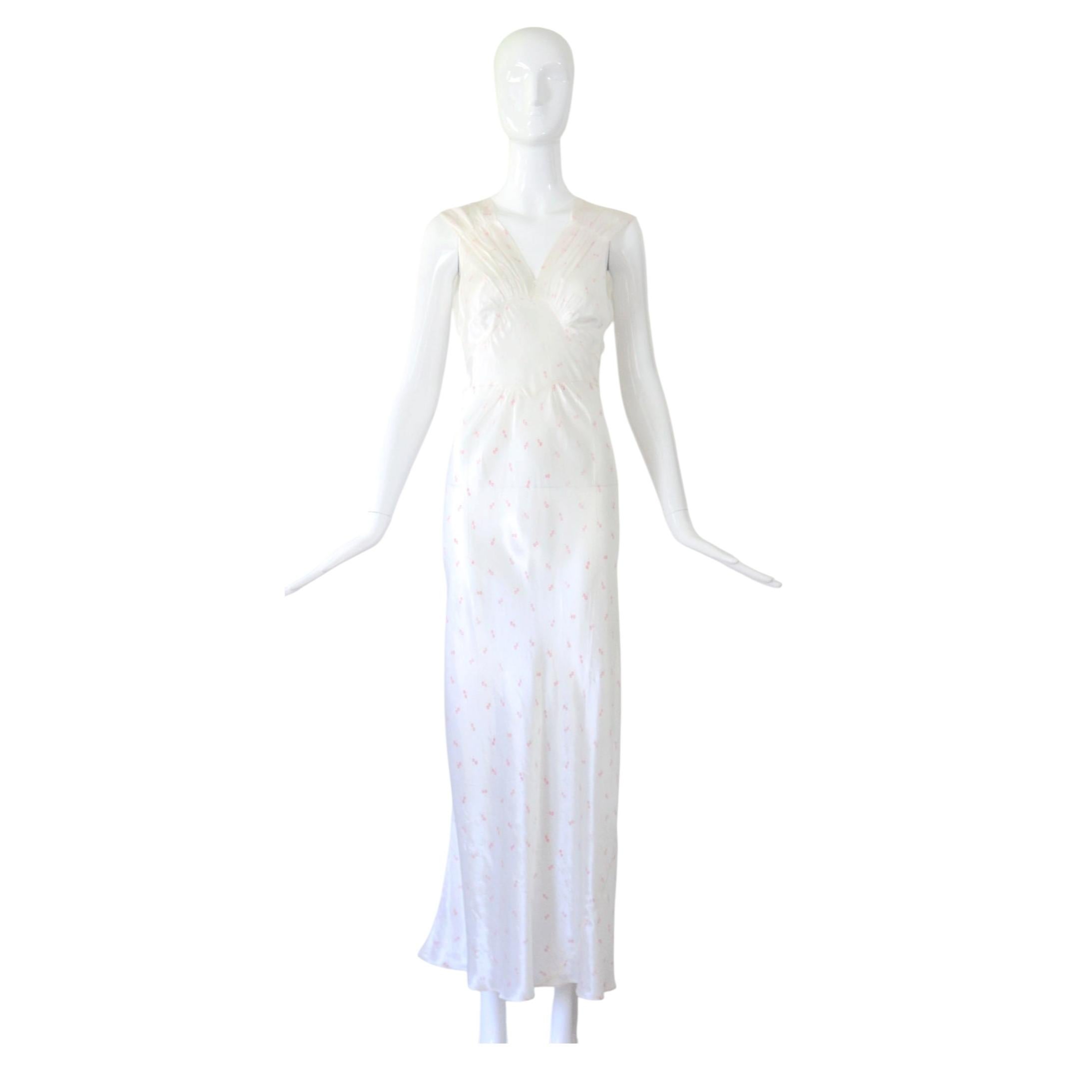 Vintage 1930s Ivory Rayon Satin Floral Print Nightgown UK 8 US 4