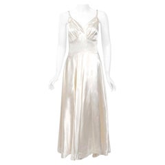 Vintage 1930's Ivory Satin Sculpted Plunge Rosette Appliques Bridal Slip Dress