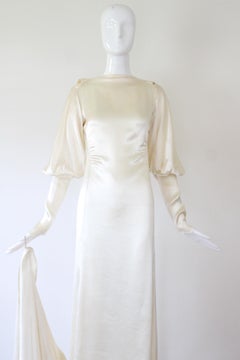 Vintage 1930's Ivory Satin Wedding Dress Bishop Sleeve UK 8-10 US 4-6