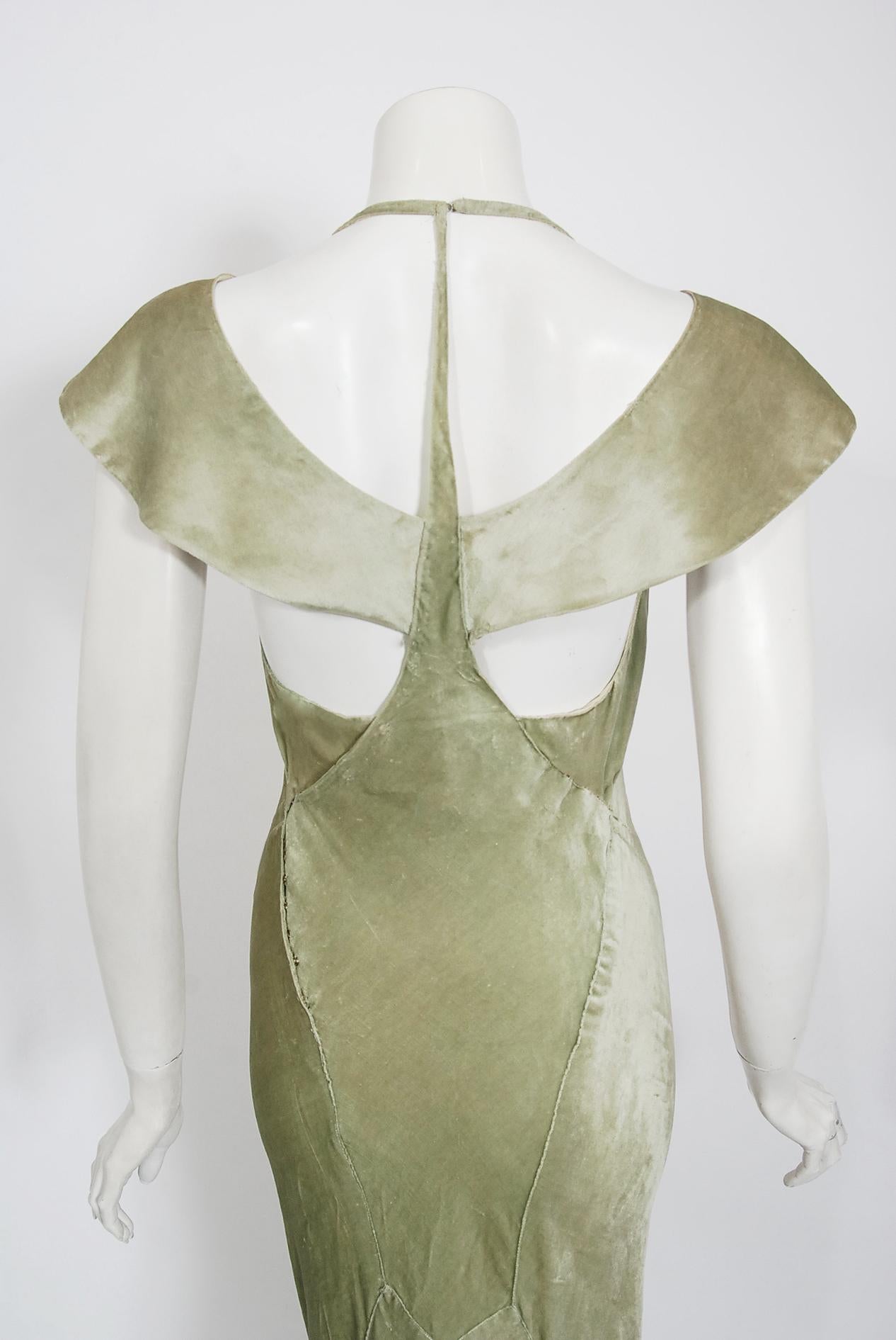 Vintage 1930's Jane Regny Haute Couture Seafoam Green Silk Velvet Bias Cut Gown 1