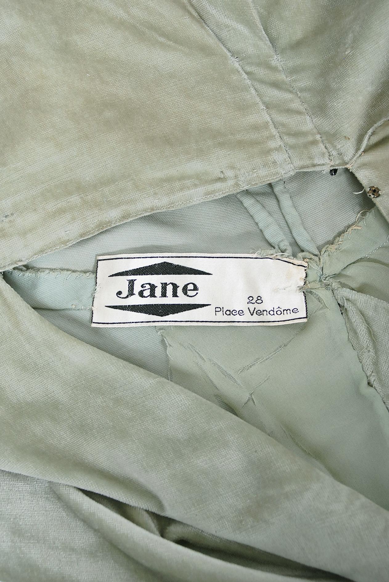 Vintage 1930's Jane Regny Haute Couture Seafoam Green Silk Velvet Bias Cut Gown 2