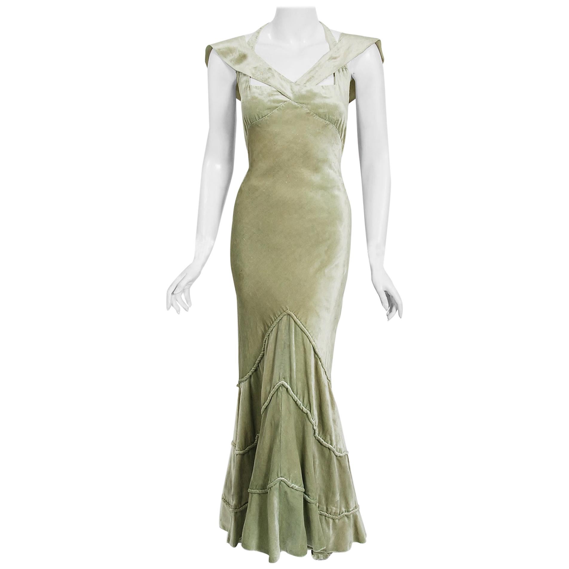 Vintage 1930's Jane Regny Haute Couture Seafoam Green Silk Velvet Bias Cut Gown