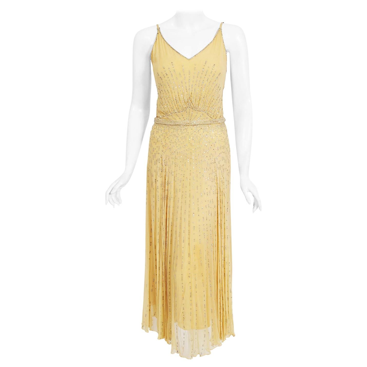 Vintage 1930's Julius Garfinckel Couture Yellow Rhinestone Silk Bias-Cut Dress 