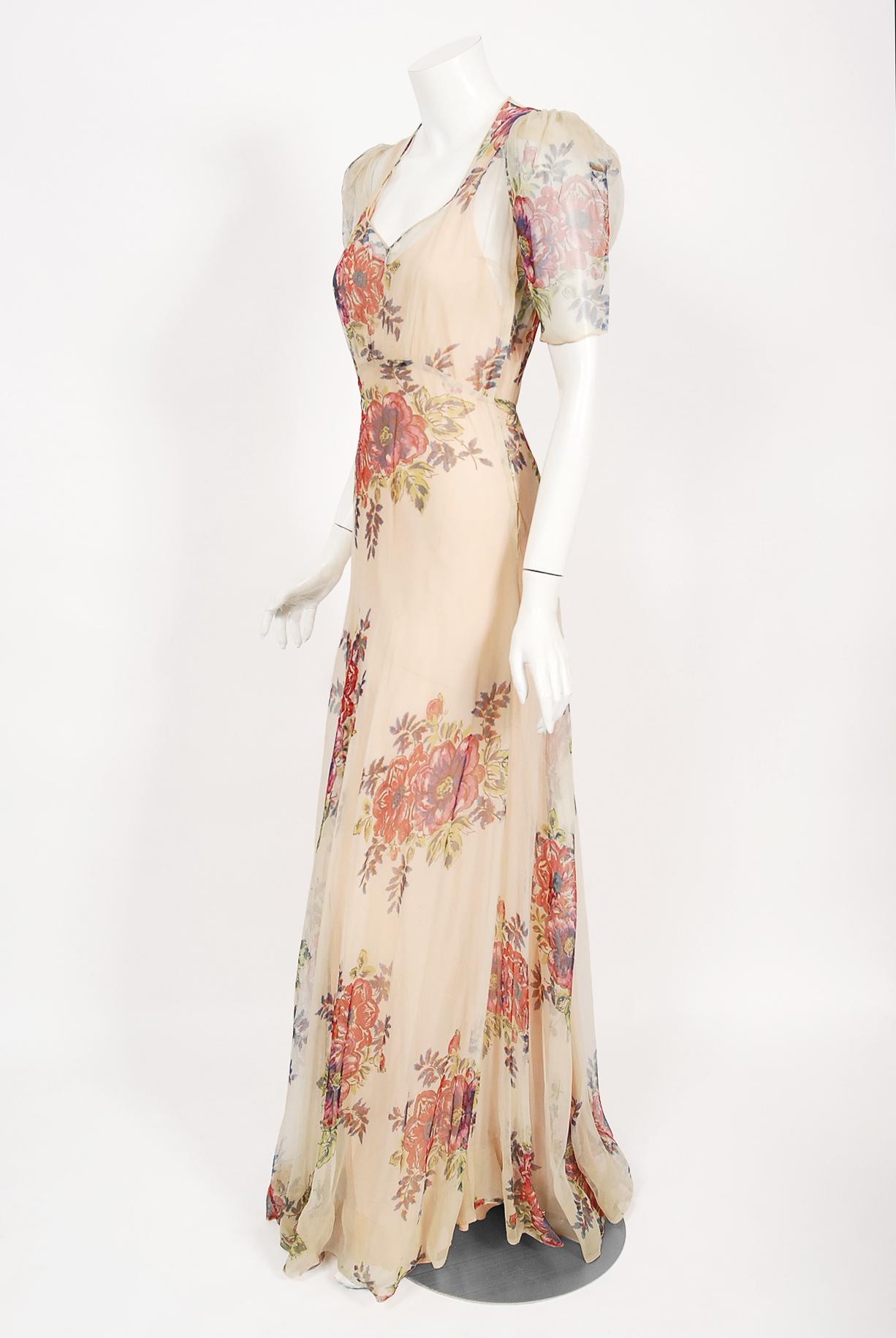 Beige Vintage 1930's Large-Scale Floral Print Nude Silk Puff Sleeve Bias-Cut Gown