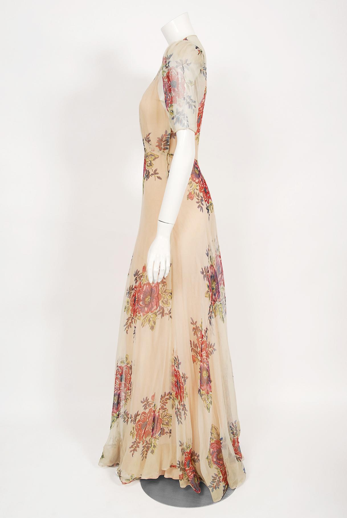 Vintage 1930's Large-Scale Floral Print Nude Silk Puff Sleeve Bias-Cut Gown 1