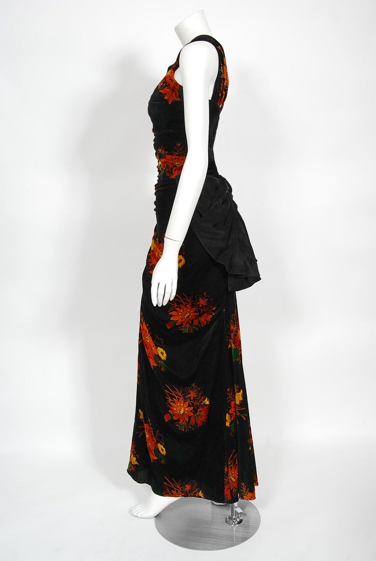 Vintage 1930's Lewis Aronson Couture Floral Ruched Silk Velvet Bias-Cut Gown  For Sale 6