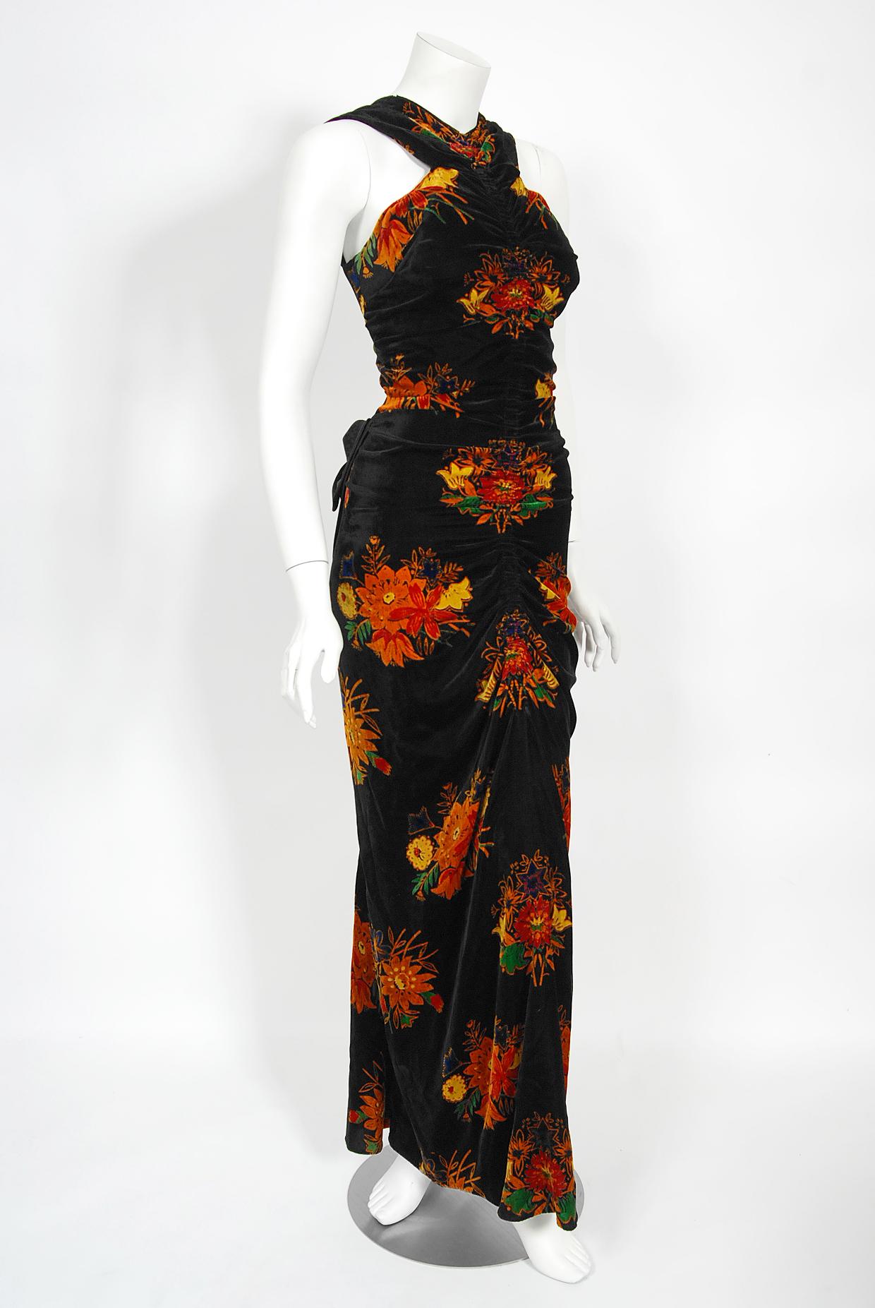 Vintage 1930's Lewis Aronson Couture Floral Ruched Silk Velvet Bias-Cut Gown  8