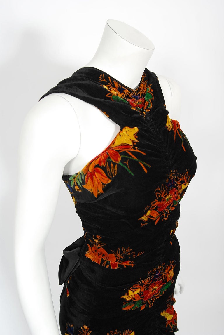 Vintage 1930's Lewis Aronson Couture Floral Ruched Silk Velvet Bias-Cut Gown  For Sale 9