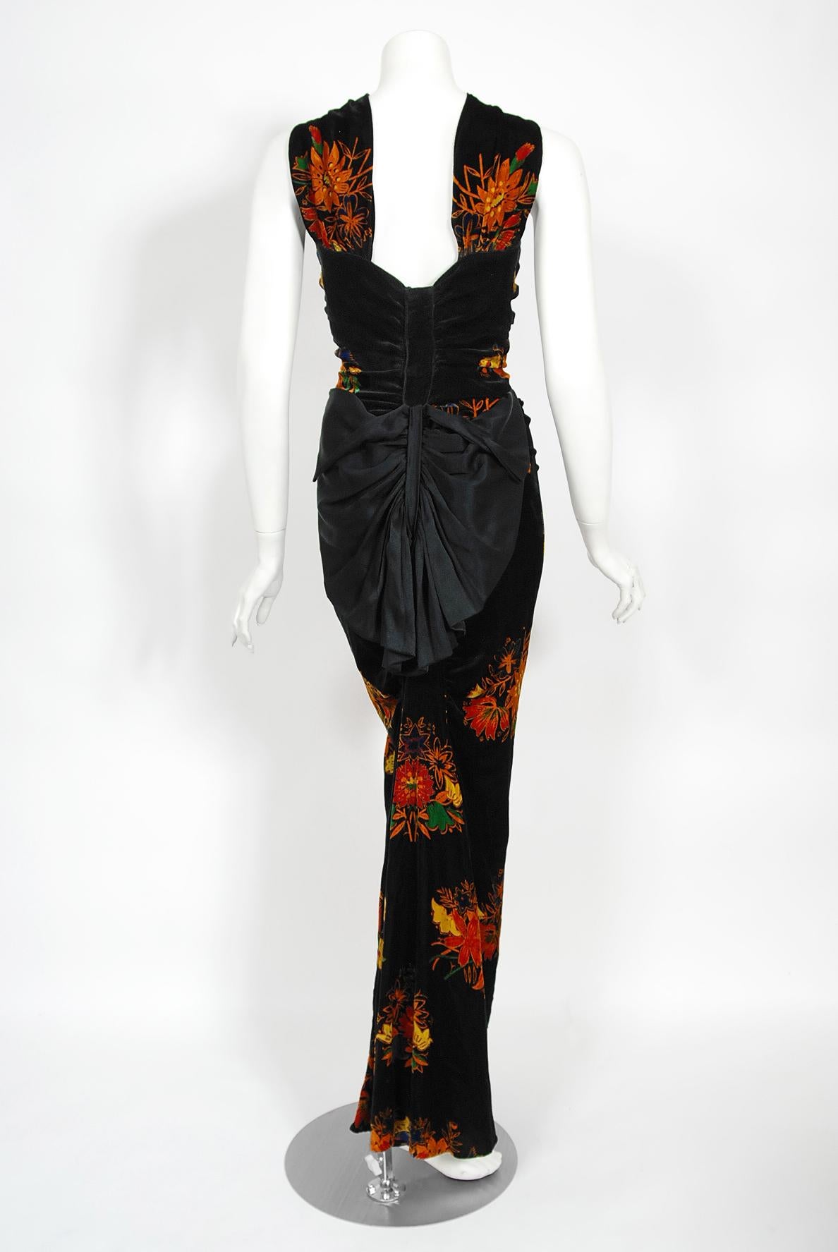 Vintage 1930's Lewis Aronson Couture Floral Ruched Silk Velvet Bias-Cut Gown  10