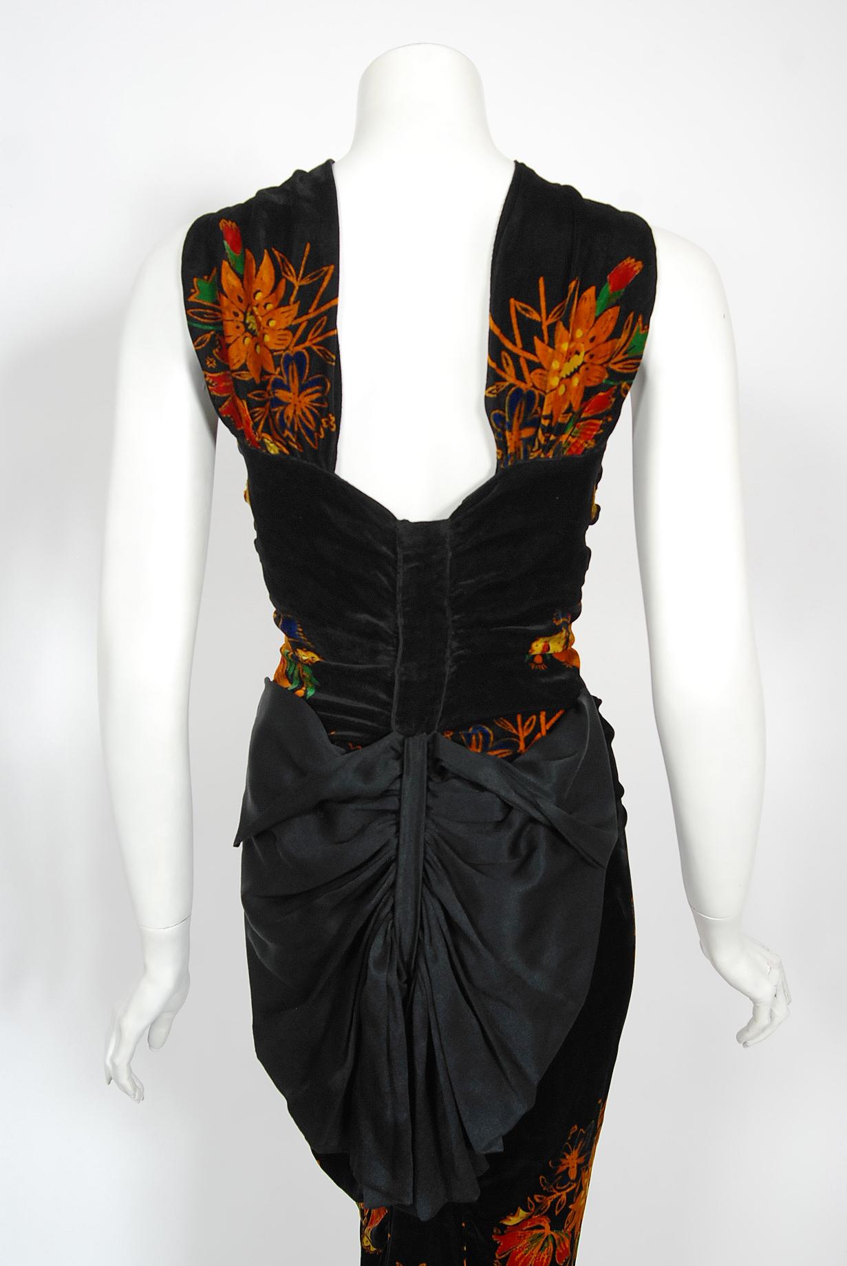 Vintage 1930's Lewis Aronson Couture Floral Ruched Silk Velvet Bias-Cut Gown 11