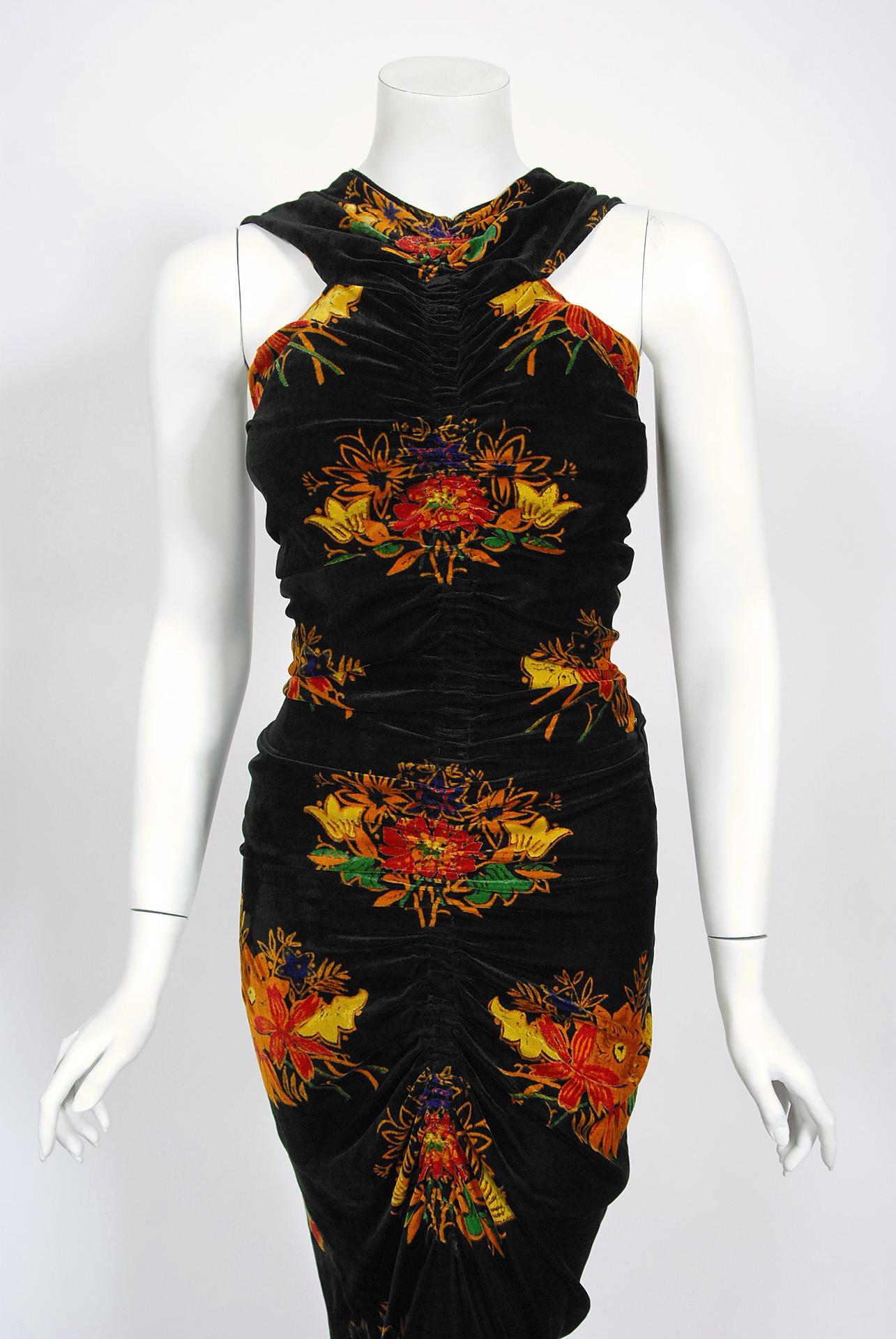 Vintage 1930's Lewis Aronson Couture Floral Ruched Silk Velvet Bias-Cut Gown  In Good Condition In Beverly Hills, CA