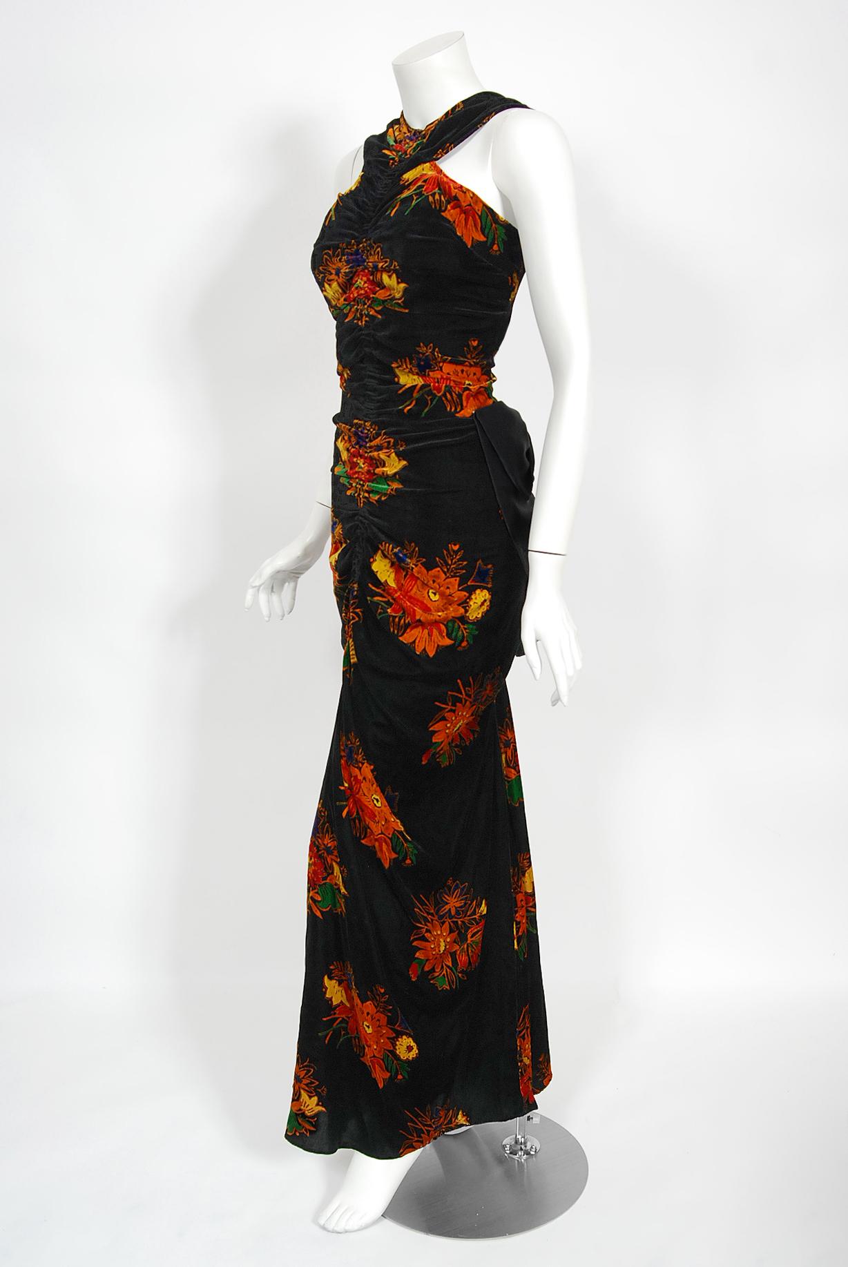 Vintage 1930's Lewis Aronson Couture Floral Ruched Silk Velvet Bias-Cut Gown  2