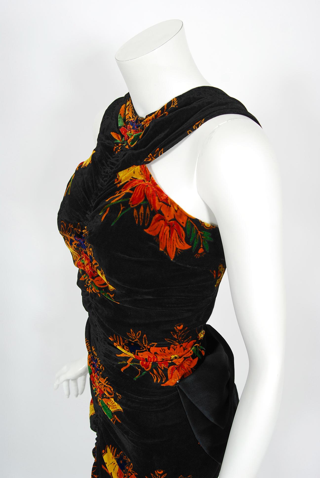 Vintage 1930's Lewis Aronson Couture Floral Ruched Silk Velvet Bias-Cut Gown 3