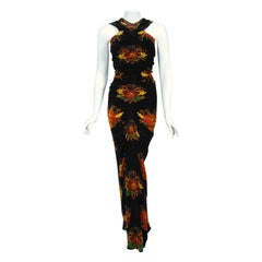 Vintage 1930's Lewis Aronson Couture Floral Ruched Silk Velvet Bias-Cut Gown