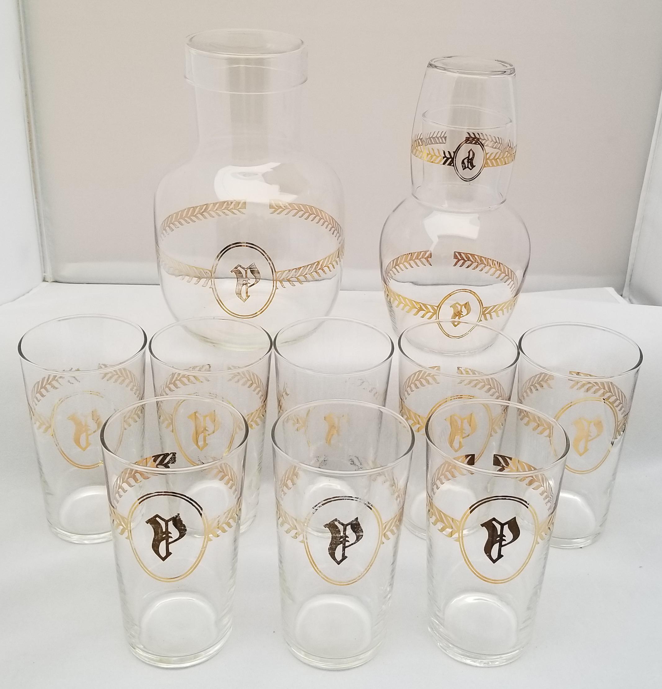 Mid-20th Century Vintage 1930s Libbey Gold Laurel Leaf Monogram 