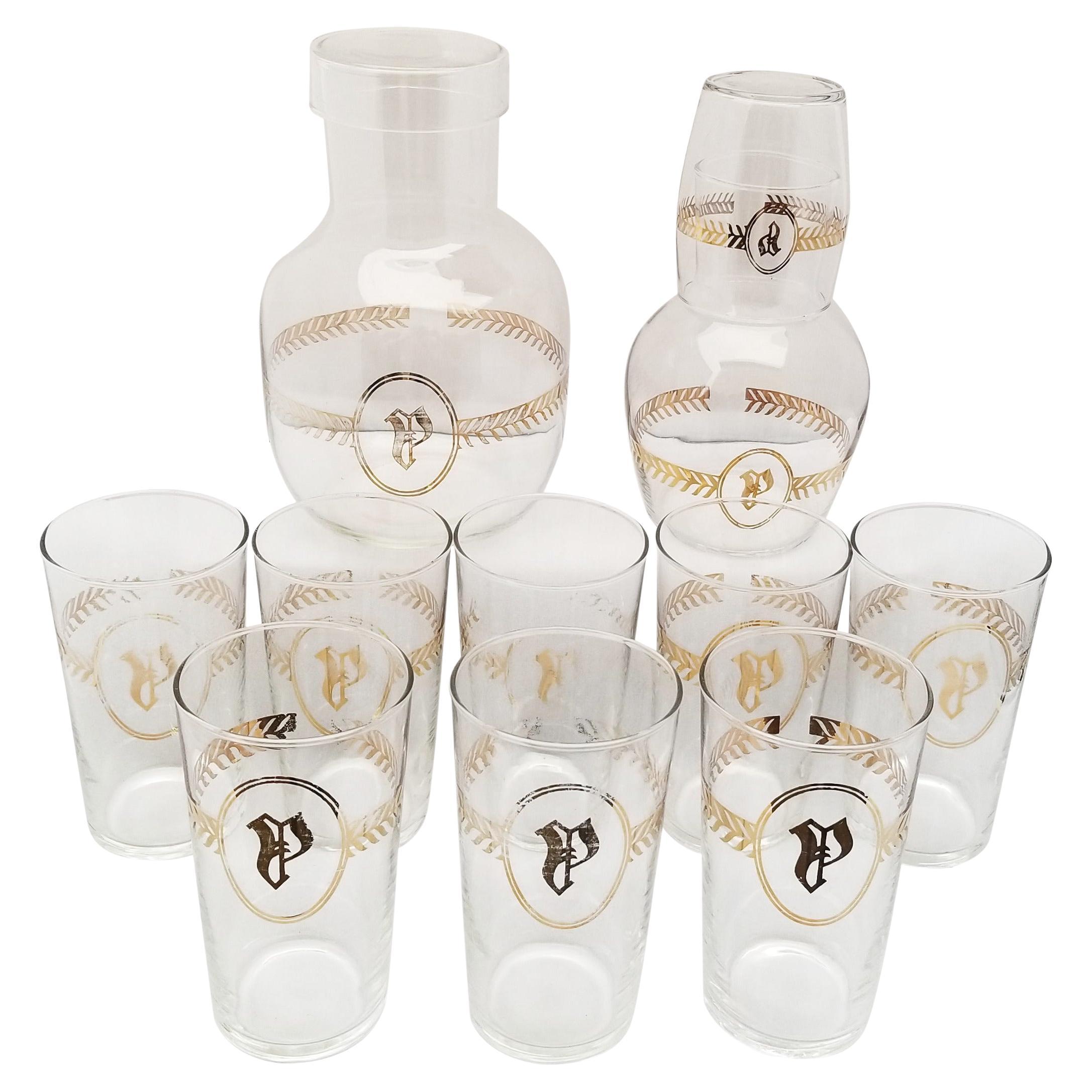 Vintage 1930s Libbey Gold Laurel Leaf Monogram "P" Glassware Set, Set of 12 For Sale