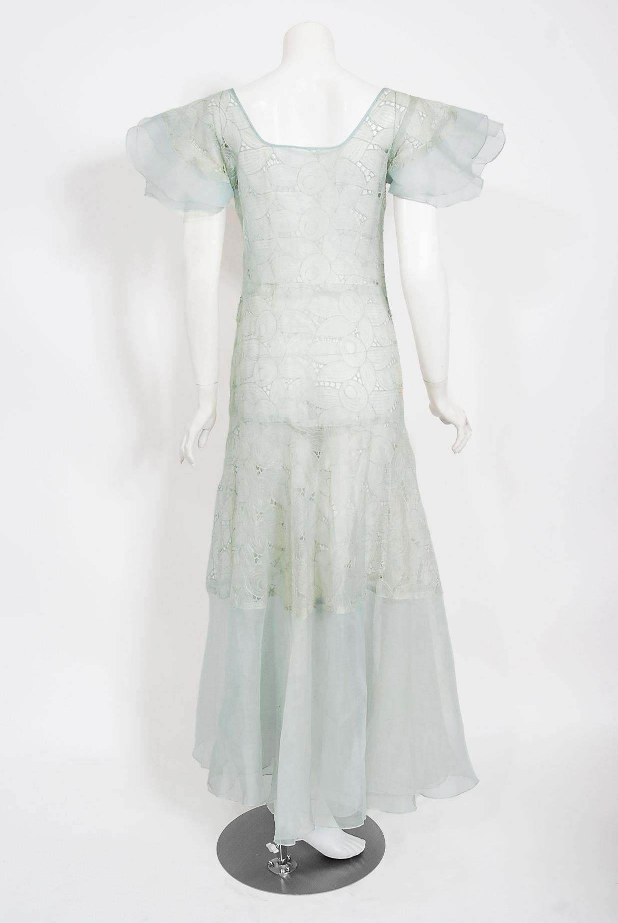 Vintage 1930's Light Blue Sheer Floral Embroidered Organza Winged-Sleeve Gown 4