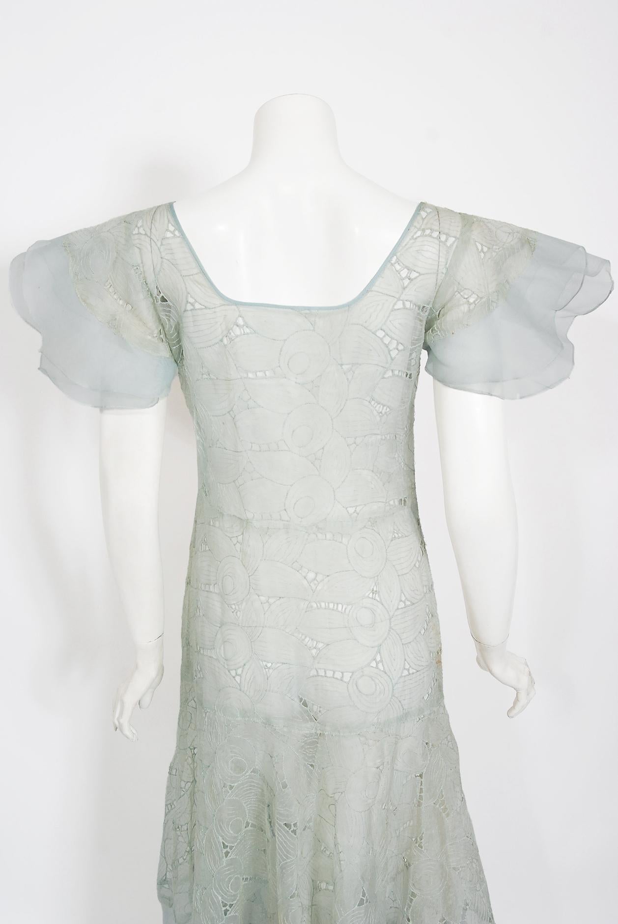 Vintage 1930's Light Blue Sheer Floral Embroidered Organza Winged-Sleeve Gown 5
