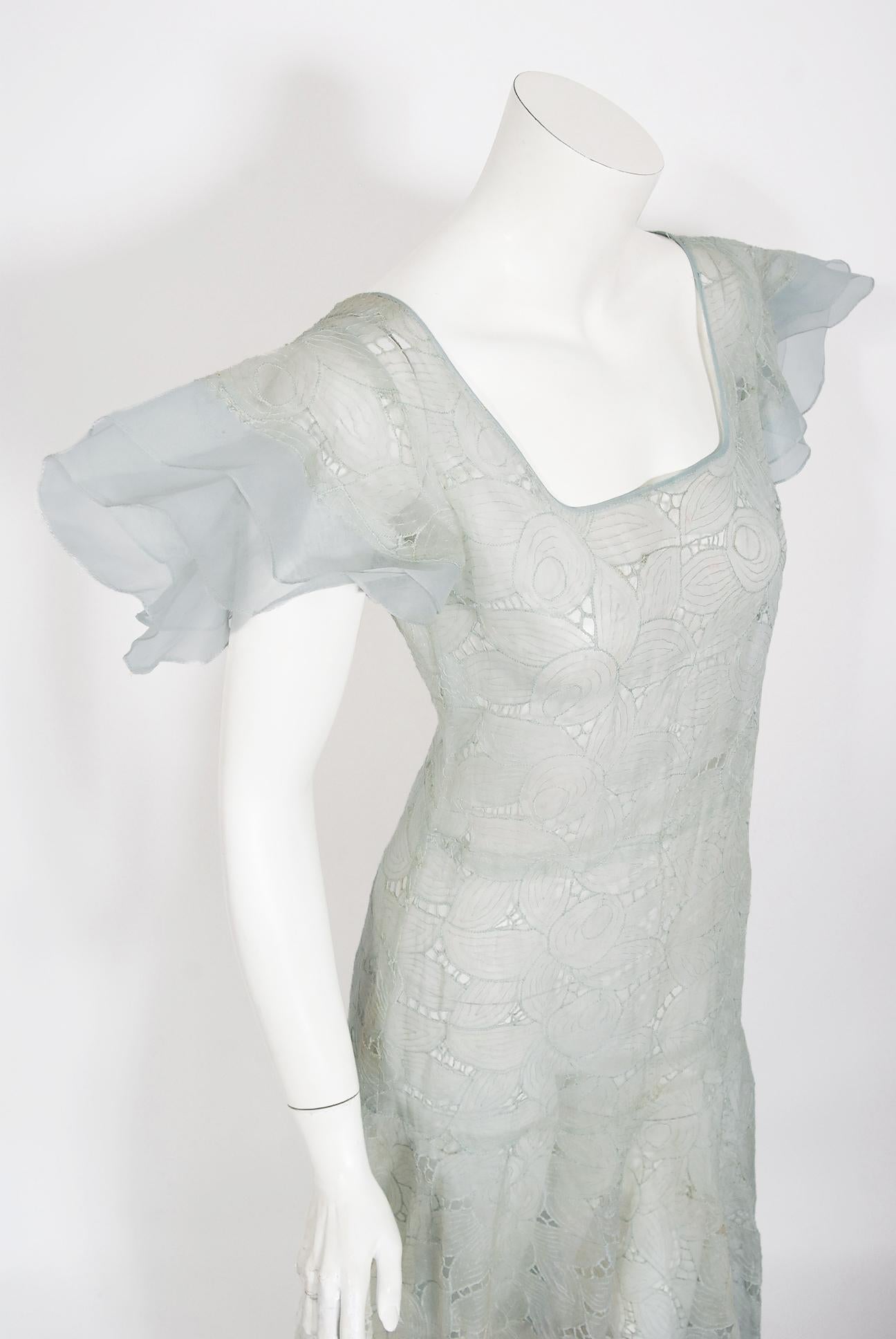 Gray Vintage 1930's Light Blue Sheer Floral Embroidered Organza Winged-Sleeve Gown