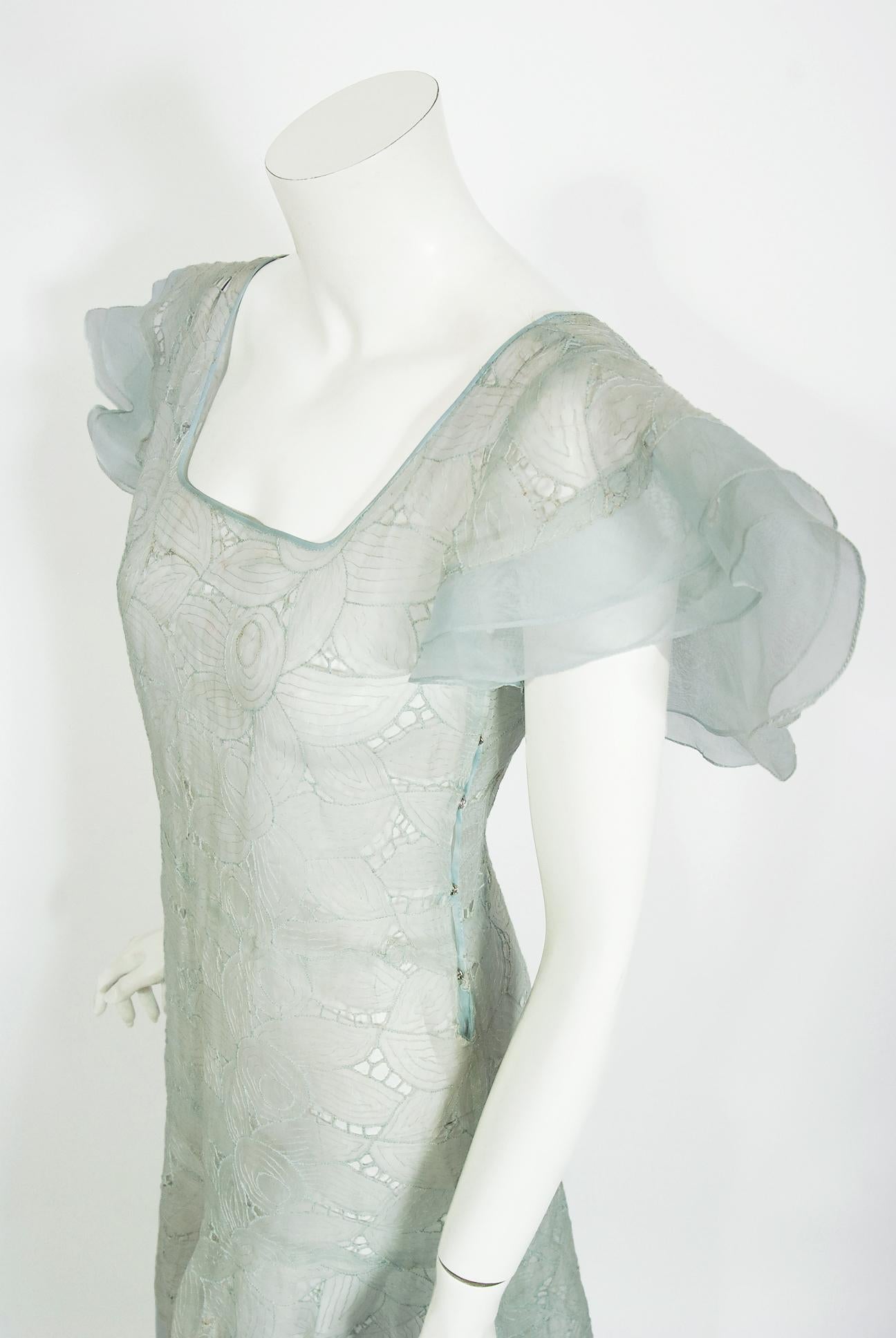 Vintage 1930's Light Blue Sheer Floral Embroidered Organza Winged-Sleeve Gown In Good Condition In Beverly Hills, CA