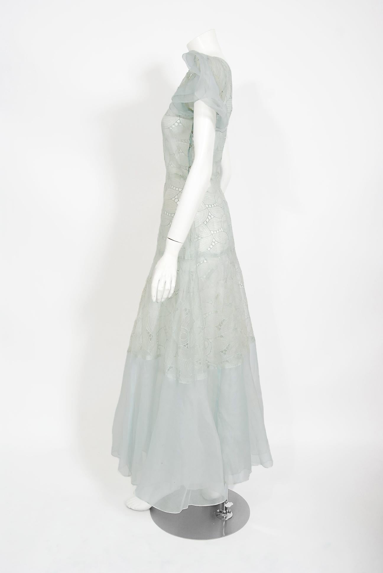 Women's Vintage 1930's Light Blue Sheer Floral Embroidered Organza Winged-Sleeve Gown