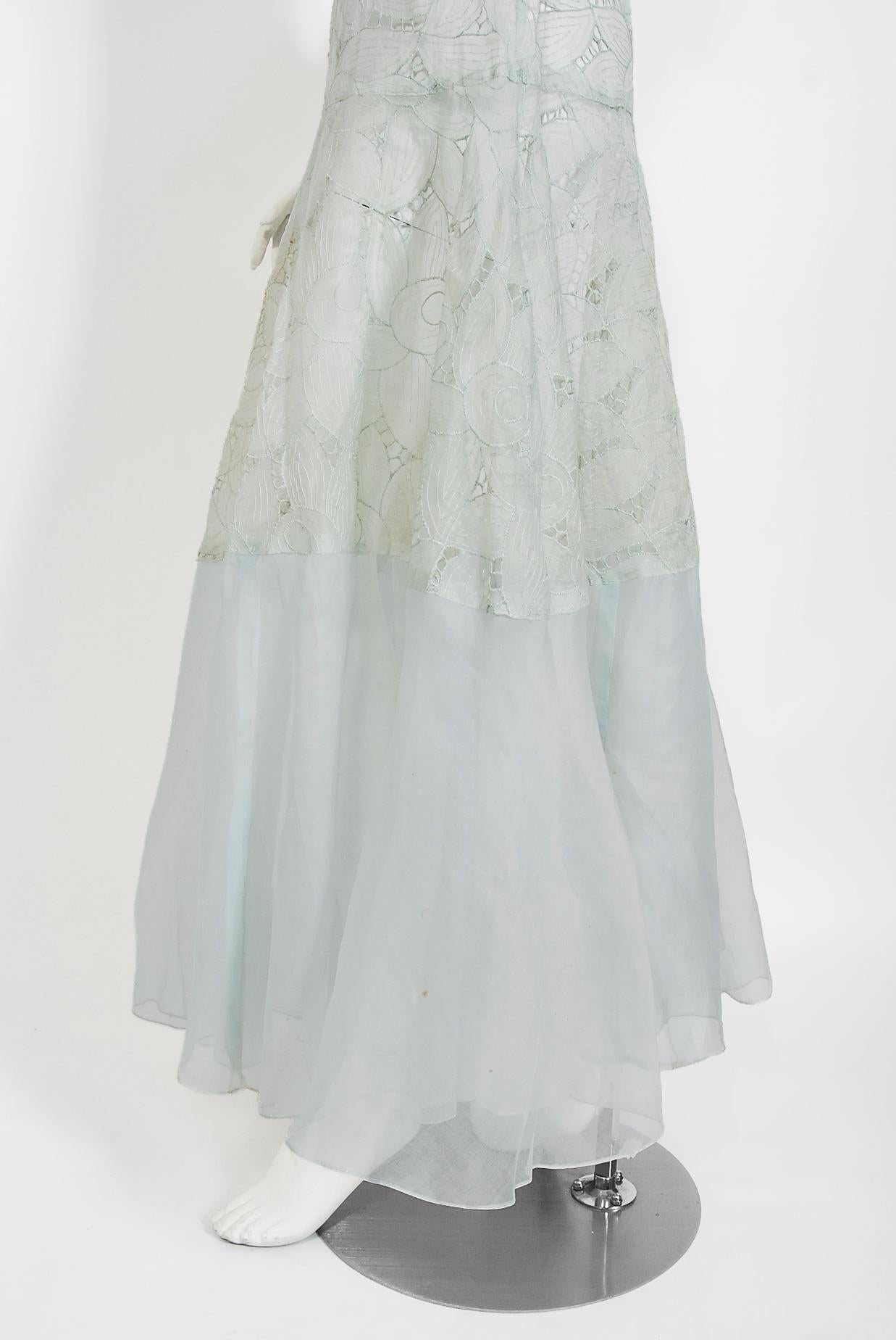 Vintage 1930's Light Blue Sheer Floral Embroidered Organza Winged-Sleeve Gown 3