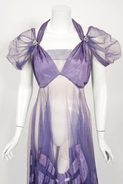 Vintage 1930's Lilac Purple Sheer Net Tulle Silk Appliqué Bows Puff-Sleeve Gown