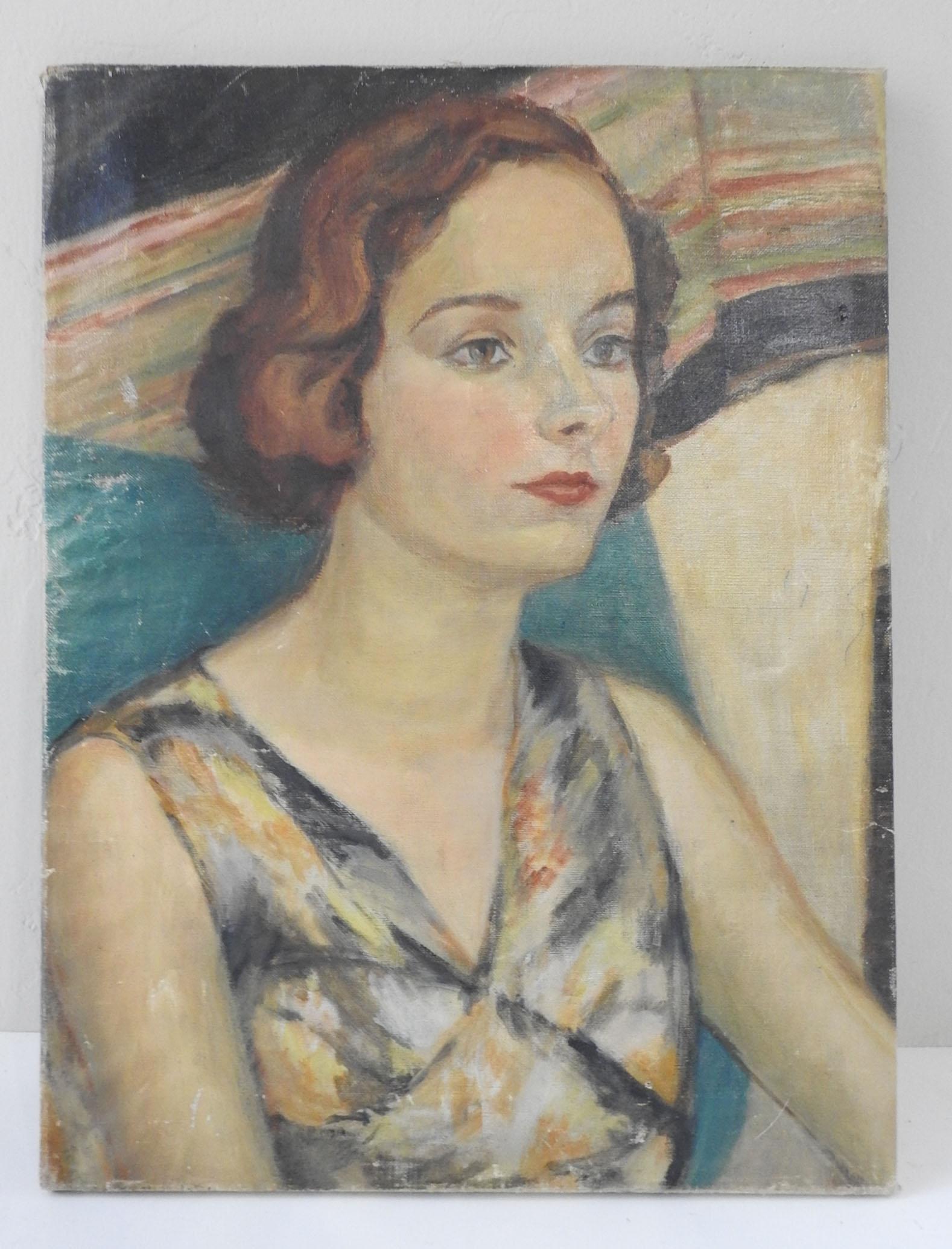 Art Deco Vintage 1930's Marie De Hoa Le Blanc Portrait of Woman Painting For Sale