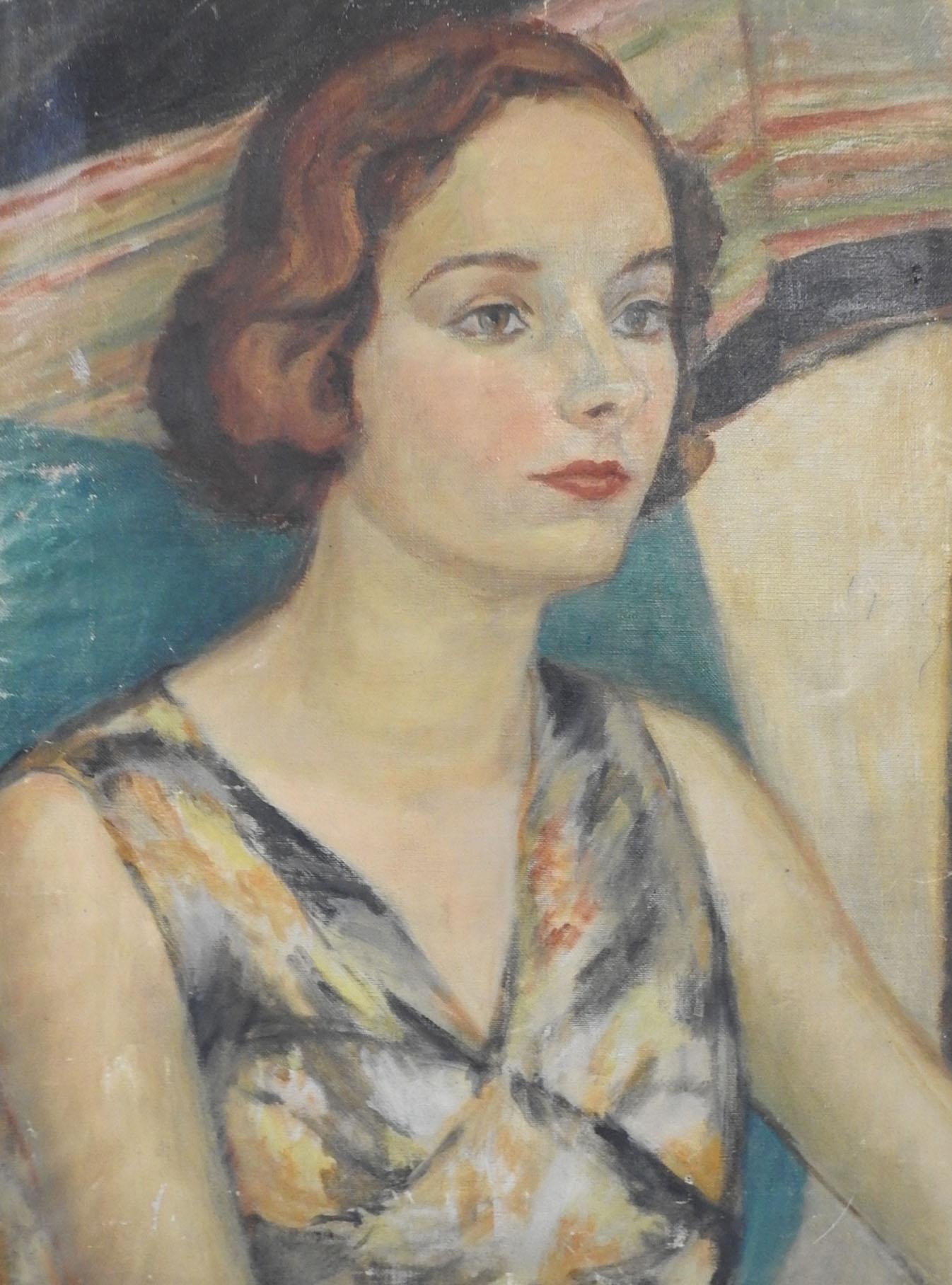Vintage 1930's Marie De Hoa Le Blanc Portrait of Woman Painting In Good Condition For Sale In Seguin, TX
