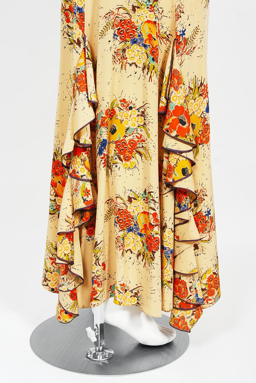 Vintage 1930s Marigold Floral Garden Print Silk Flutter-Sleeve Ruffle Maxi Dress For Sale 5