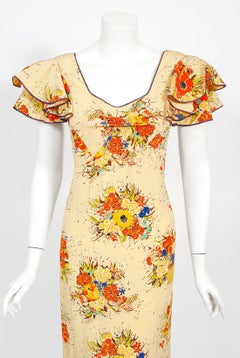 1930er Marigold Maxikleid mit geriffelten Ärmeln und Rüschenrock aus Seide mit Blumen-Gartendruck